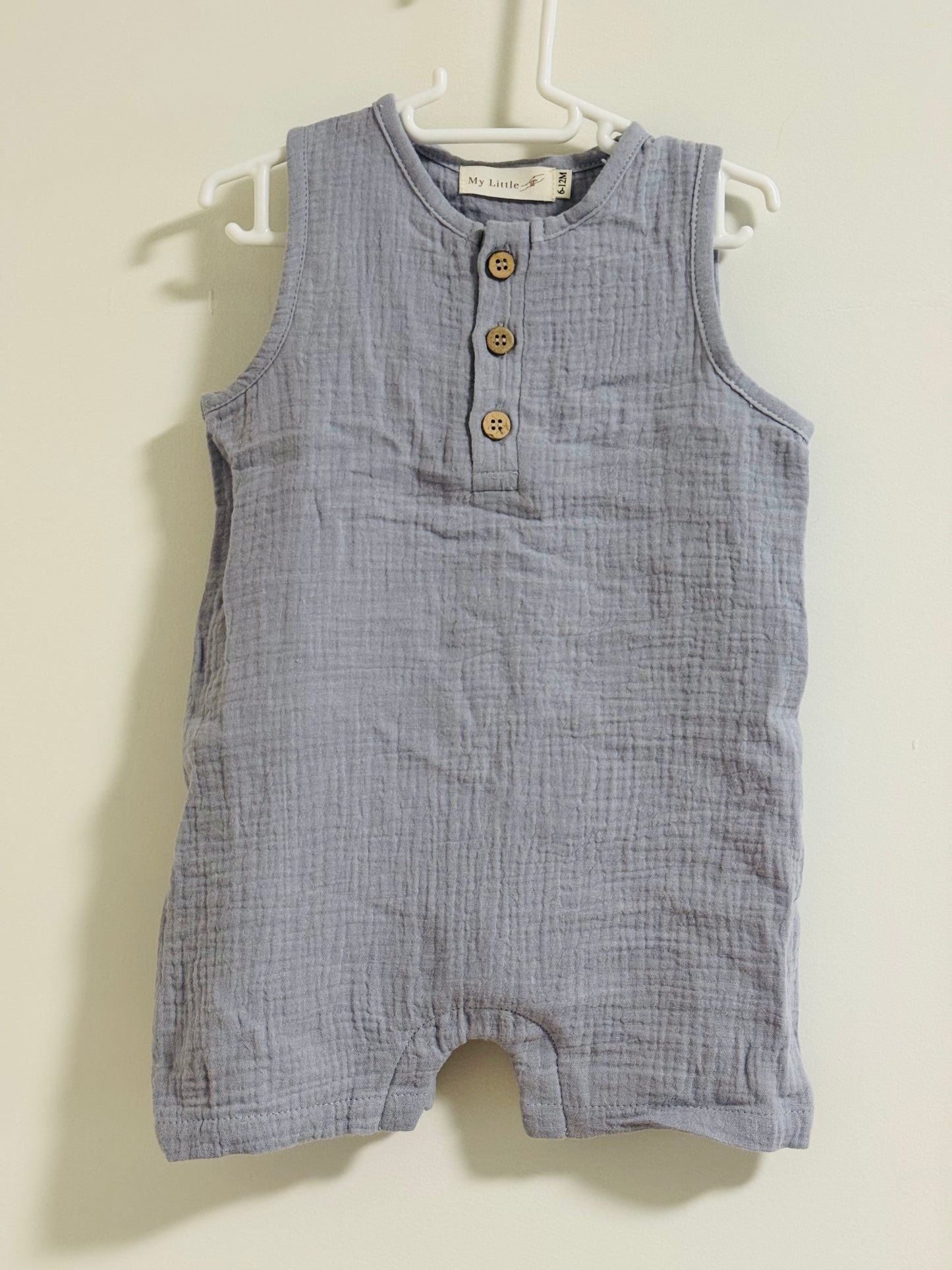 Light Blue Muslin Romper - 6-12 months - Oopsie Bin Item FINAL SALE