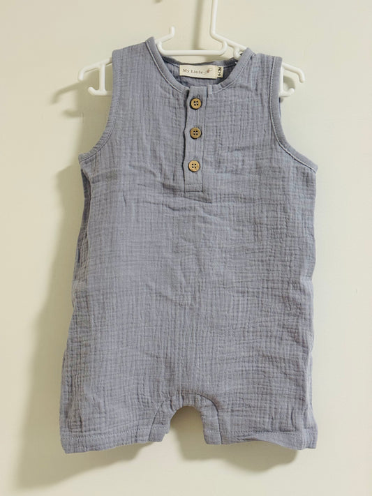 Light Blue Muslin Romper - 6-12 months - Oopsie Bin Item FINAL SALE